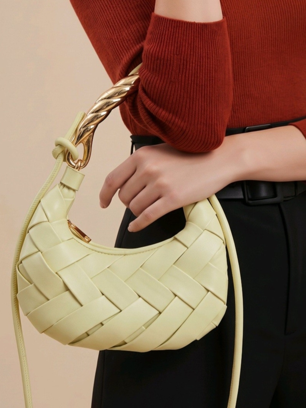 Urban Expressions Woven Crescent Shoulder Bag in Pale Lemon